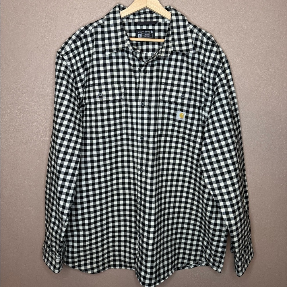 Carhartt Men's Loose Fit Plaid Flannel Long Sleeve Black & White Button Up XL